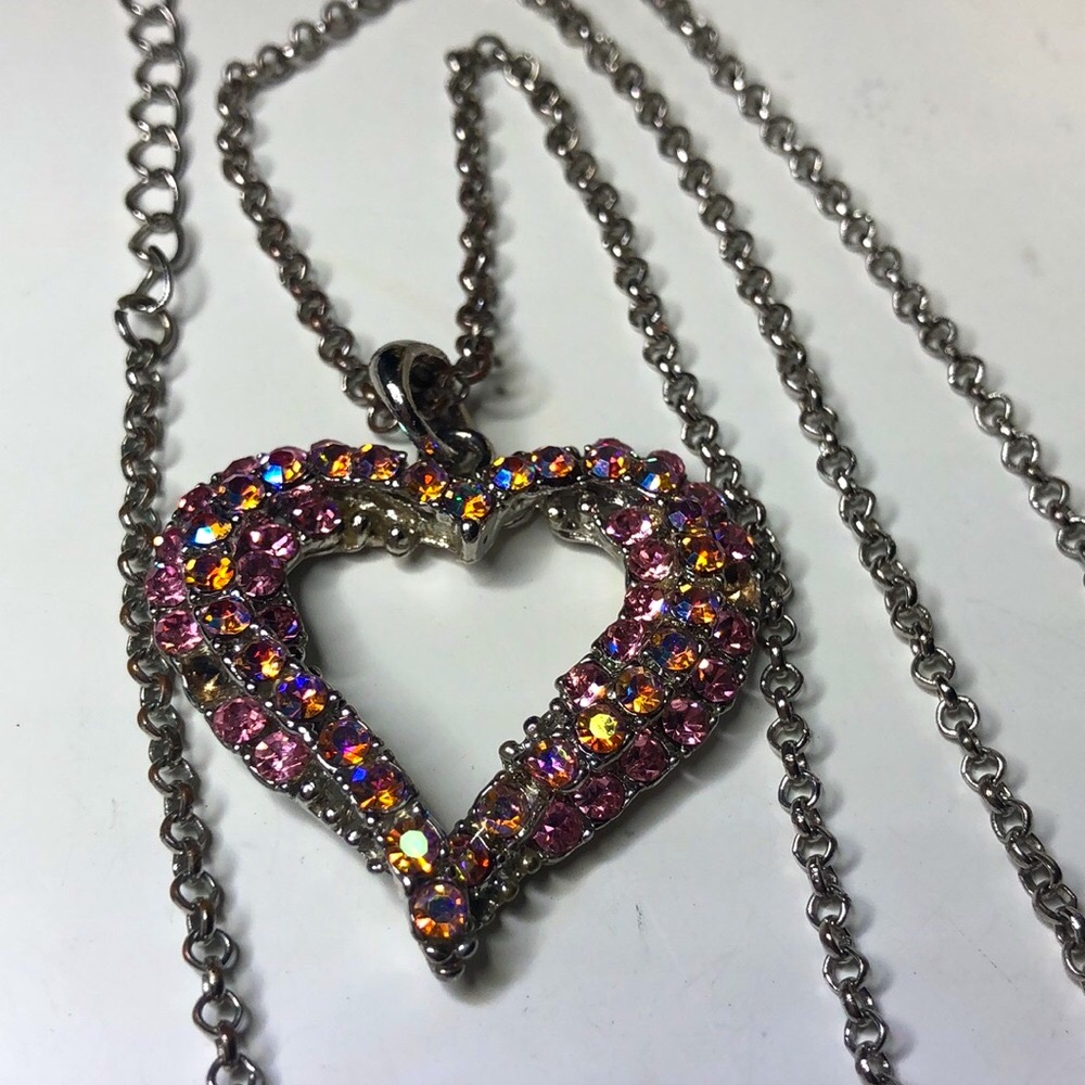 Silver Heart Pendant Necklace with Pink Multicolor Crystals